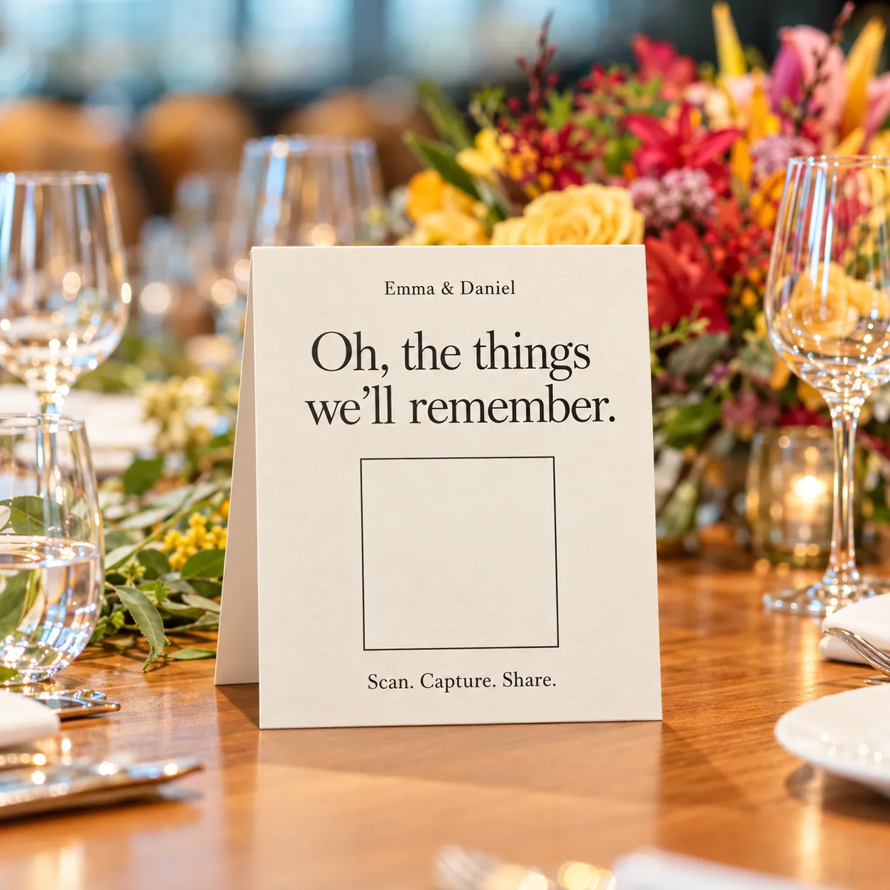 Illustrative photo of Emma and Daniel's sample invitation standing on a reception table: Oh, the things we'll remember.